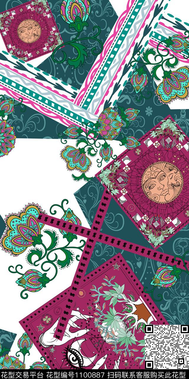 花卉几何民族风数码印花华亿平台下载（图片编号: 1100887） - 瓦栏（Walan）