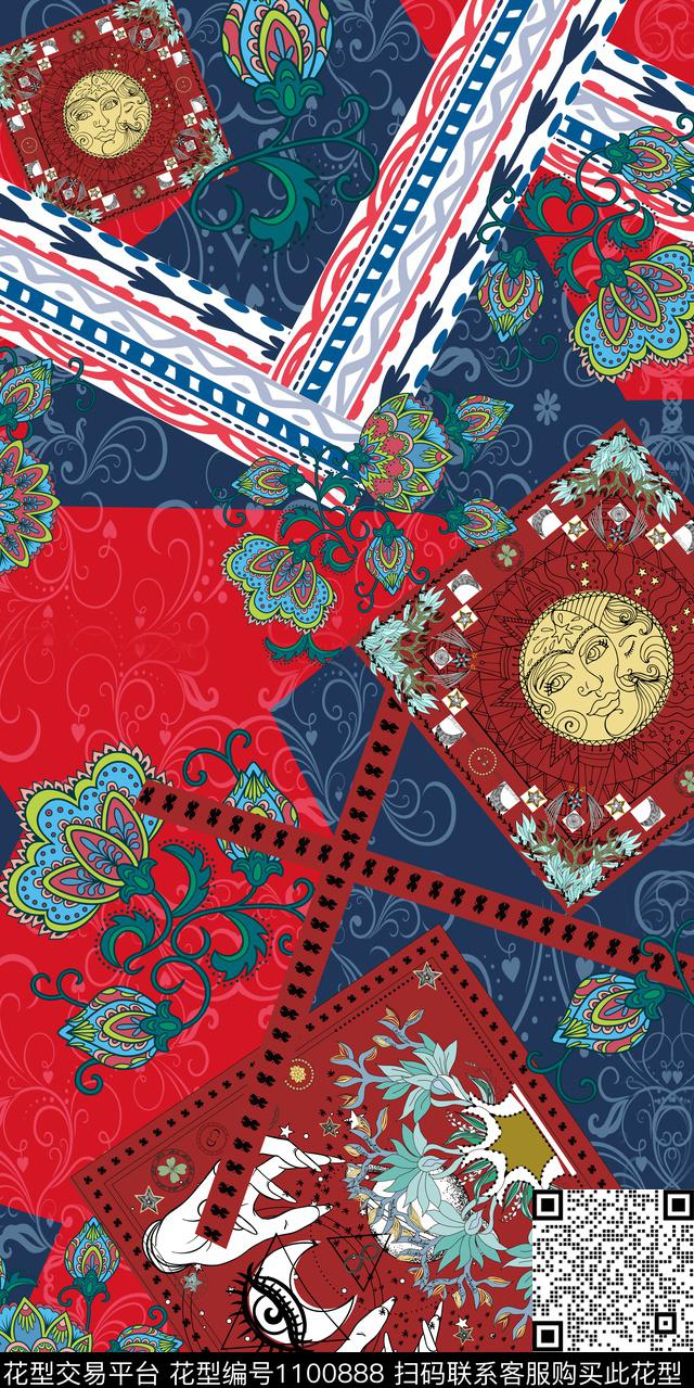 花卉几何民族风数码印花华亿平台下载（图片编号: 1100888） - 瓦栏（Walan）