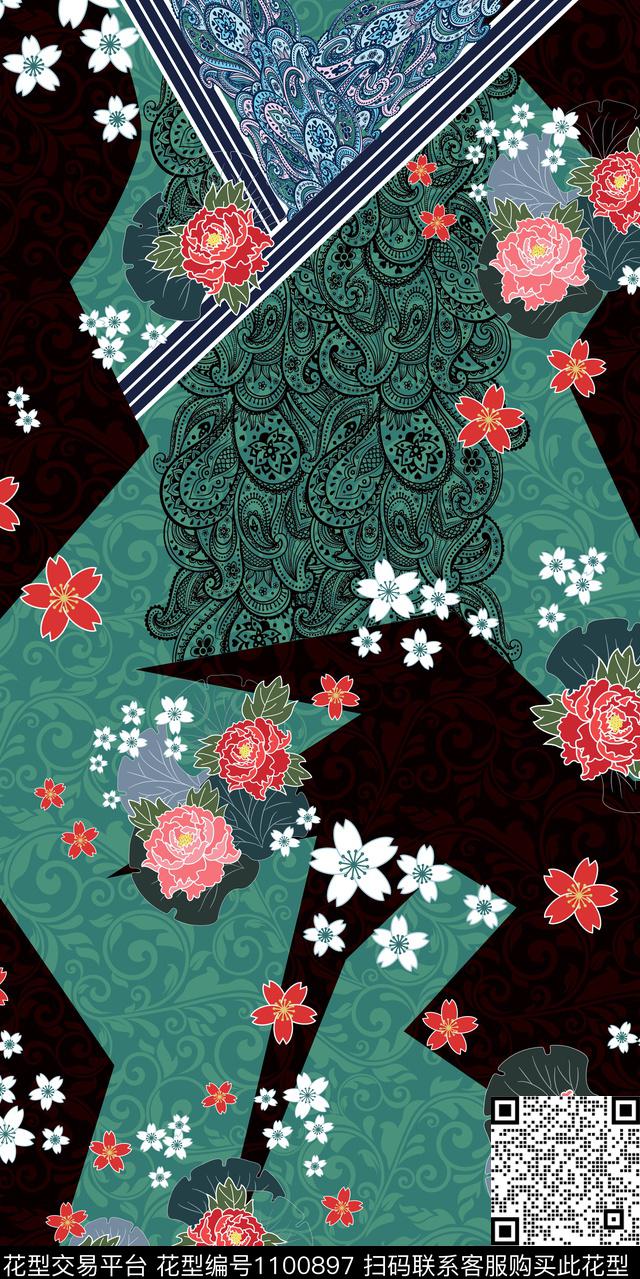 花卉几何民族风数码印花华亿平台下载（图片编号: 1100897） - 瓦栏（Walan）