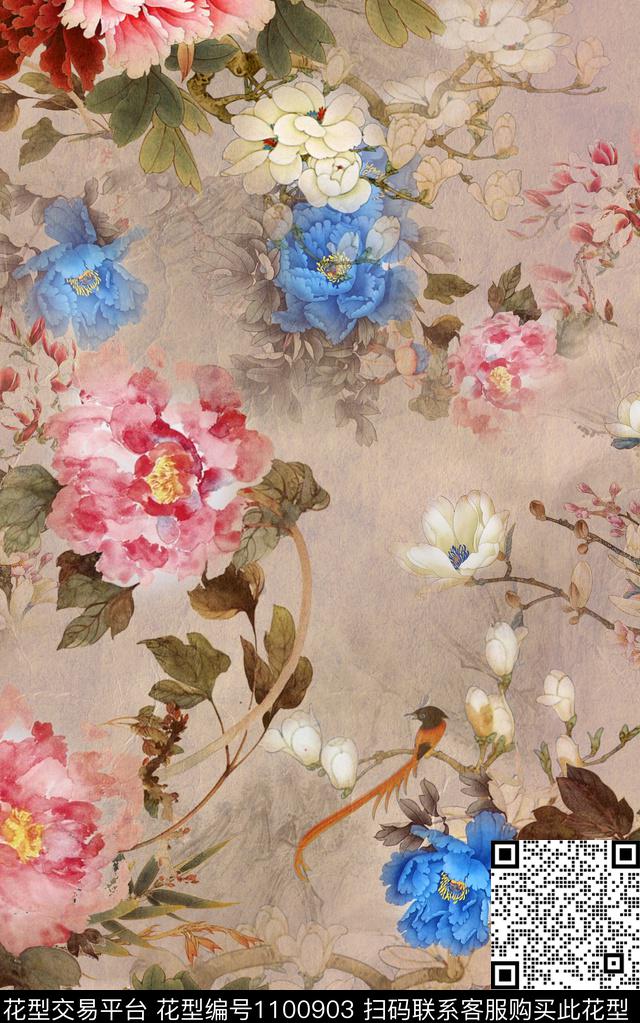 花卉香云纱牡丹数码印花华亿平台下载（图片编号: 1100903） - 瓦栏（Walan）