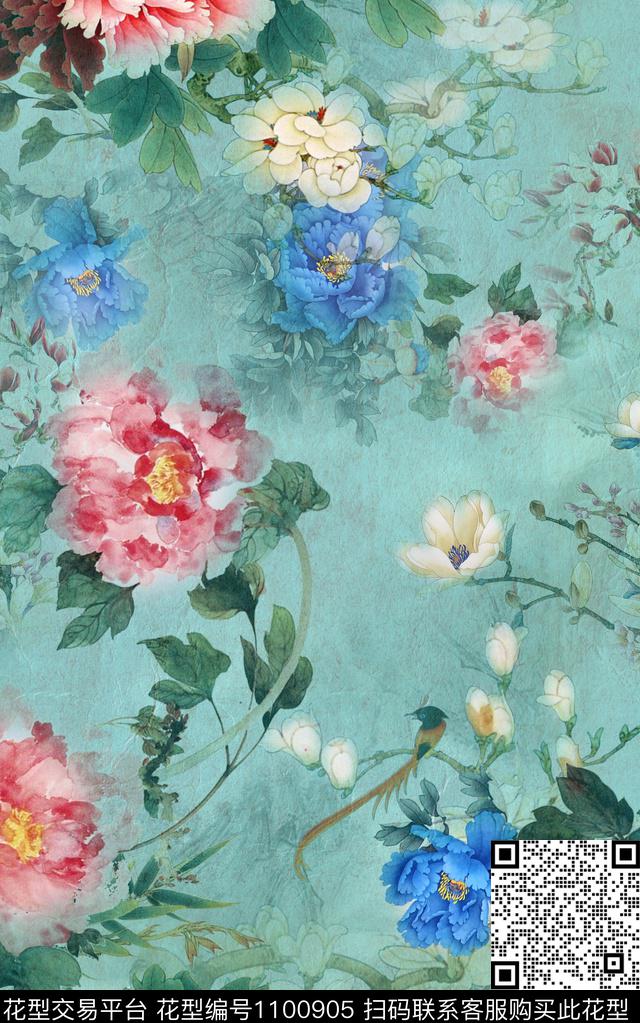 花卉香云纱牡丹数码印花华亿平台下载（图片编号: 1100905） - 瓦栏（Walan）