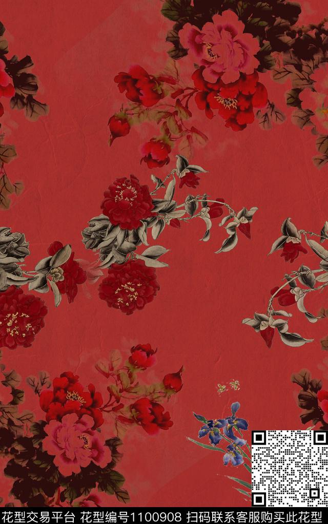 花卉香云纱国画数码印花华亿平台下载（图片编号: 1100908） - 瓦栏（Walan）