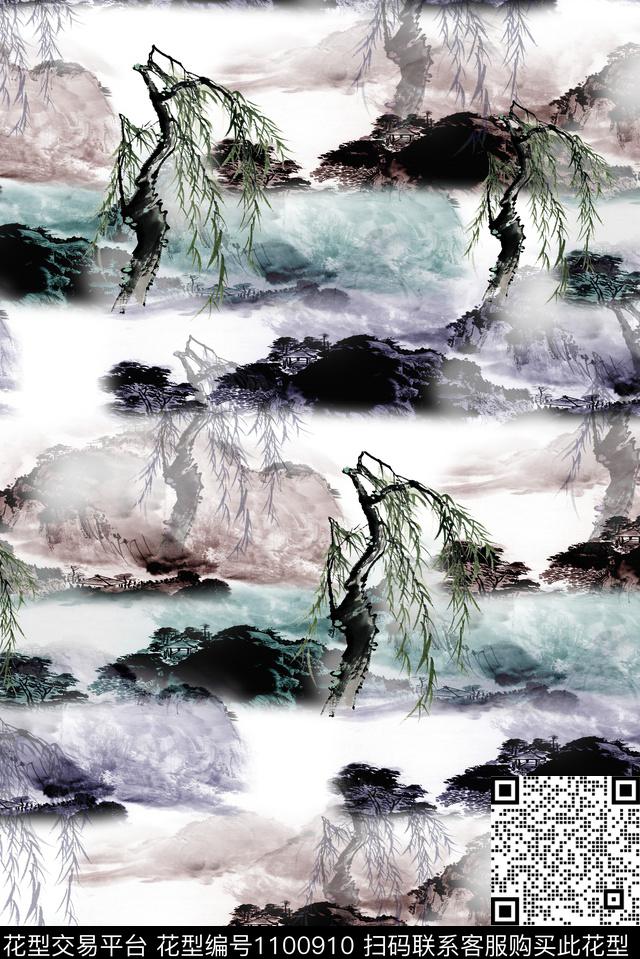 男装中国风水墨风数码印花华亿平台下载（图片编号: 1100910） - 瓦栏（Walan）