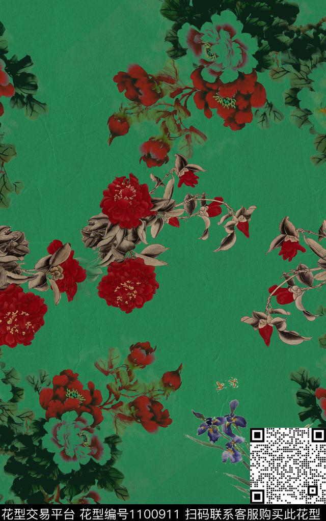 花卉香云纱国画数码印花华亿平台下载（图片编号: 1100911） - 瓦栏（Walan）