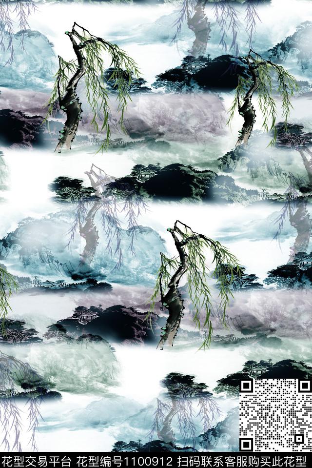 男装中国风水墨风数码印花华亿平台下载（图片编号: 1100912） - 瓦栏（Walan）