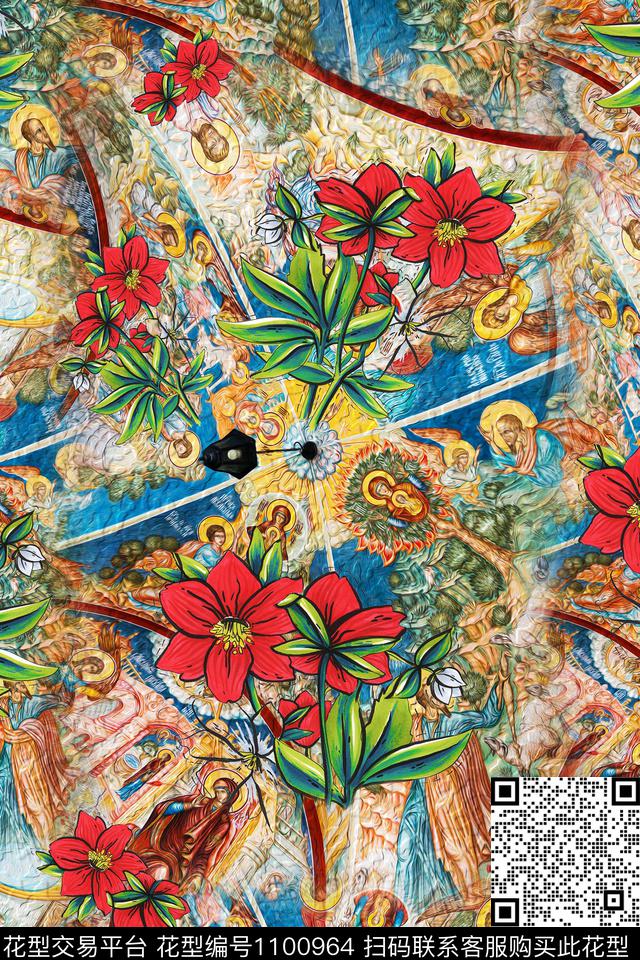 手绘花卉几何复古数码印花华亿平台下载（图片编号: 1100964） - 瓦栏（Walan）