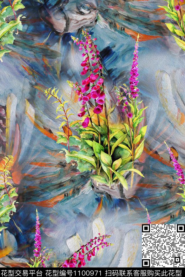 肌理手绘花卉复古数码印花华亿平台下载（图片编号: 1100971） - 瓦栏（Walan）