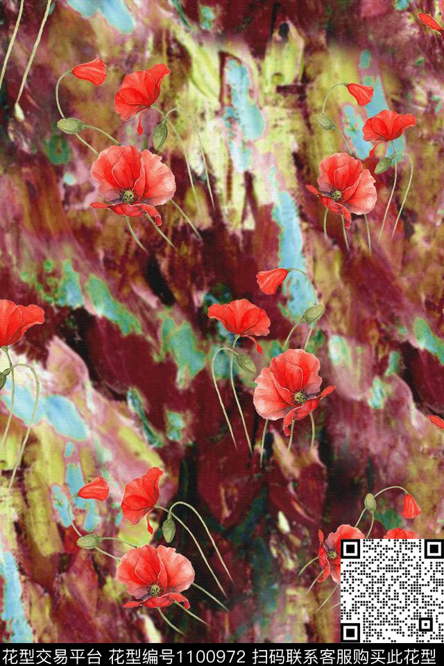 肌理手绘花卉复古数码印花华亿平台下载（图片编号: 1100972） - 瓦栏（Walan）