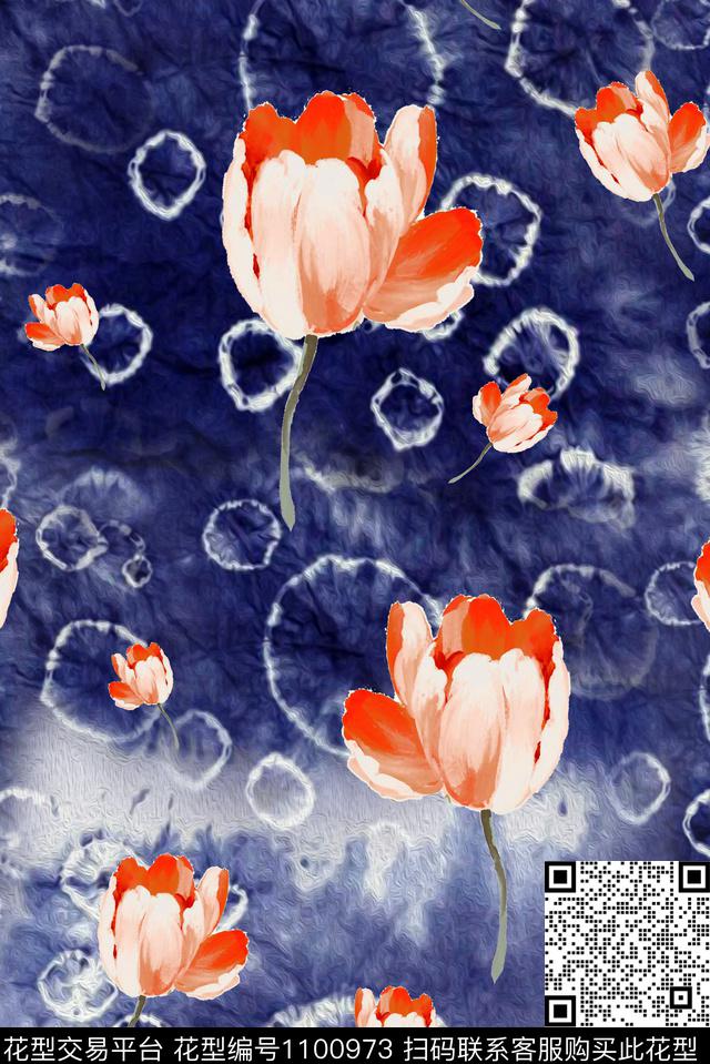 手绘花卉扎染华亿平台复古数码印花华亿平台下载（图片编号: 1100973） - 瓦栏（Walan）