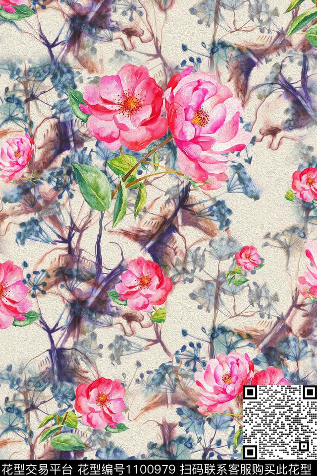 秋冬华亿平台手绘花卉复古数码印花华亿平台下载（图片编号: 1100979） - 瓦栏（Walan）