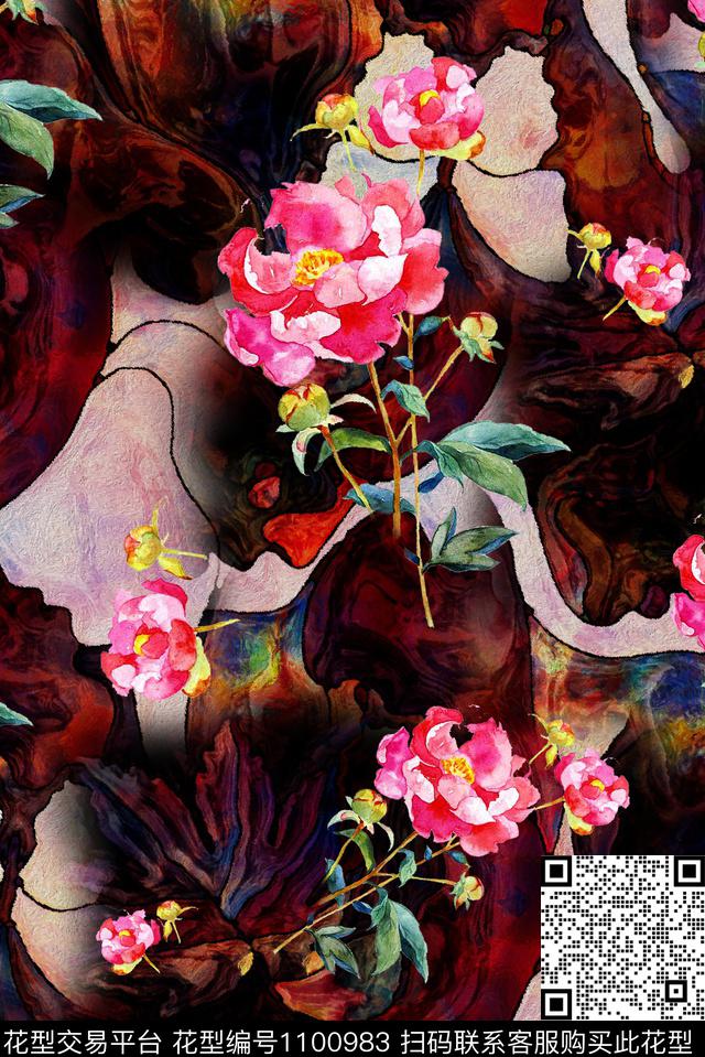 肌理手绘花卉复古数码印花华亿平台下载（图片编号: 1100983） - 瓦栏（Walan）