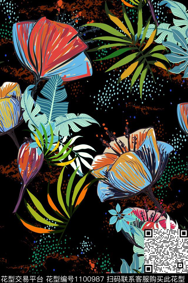 手绘花卉几何花卉热带华亿平台数码印花华亿平台下载（图片编号: 1100987） - 瓦栏（Walan）