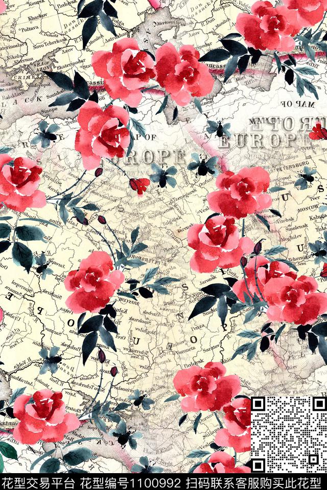 艺术花卉复古数码印花华亿平台下载（图片编号: 1100992） - 瓦栏（Walan）