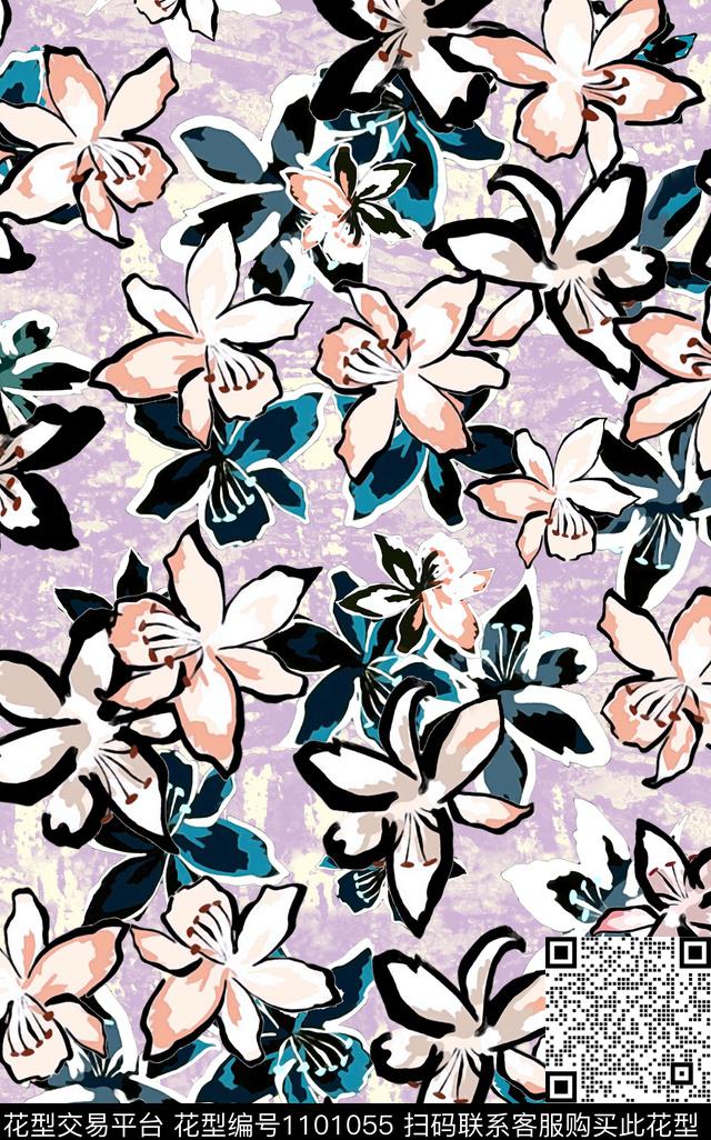 数码华亿平台抽象手绘花卉数码印花华亿平台下载（图片编号: 1101055） - 瓦栏（Walan）