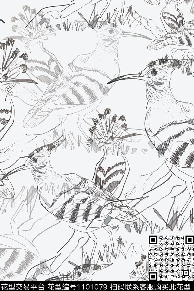 动物纹手绘线条笔触鸟昆虫图案传统印花华亿平台下载（图片编号: 1101079） - 瓦栏（Walan）
