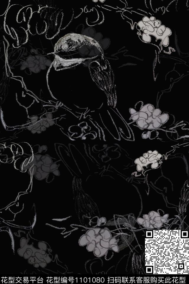 鸟昆虫图案禅意签字笔印花传统印花华亿平台下载（图片编号: 1101080） - 瓦栏（Walan）