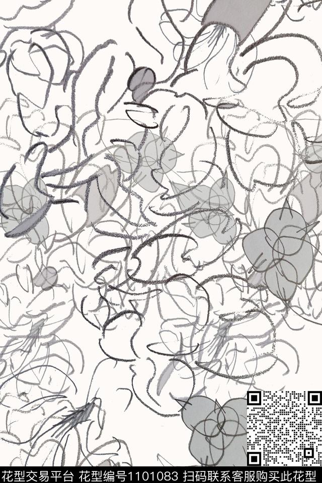 手绘线条笔触签字笔印花玉兰花语传统印花华亿平台下载（图片编号: 1101083） - 瓦栏（Walan）