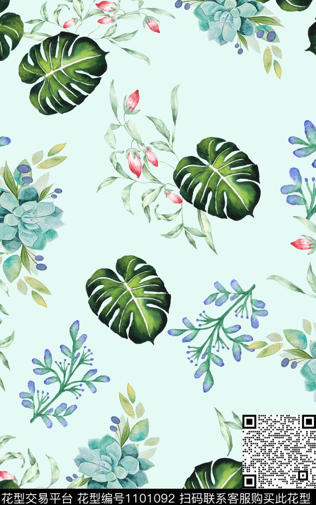 花卉热带华亿平台清爽底花卉数码印花华亿平台下载（图片编号: 1101092） - 瓦栏（Walan）