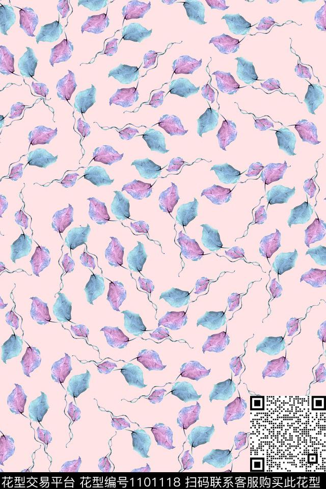 清爽底花卉春夏华亿平台绿植树叶数码印花华亿平台下载（图片编号: 1101118） - 瓦栏（Walan）