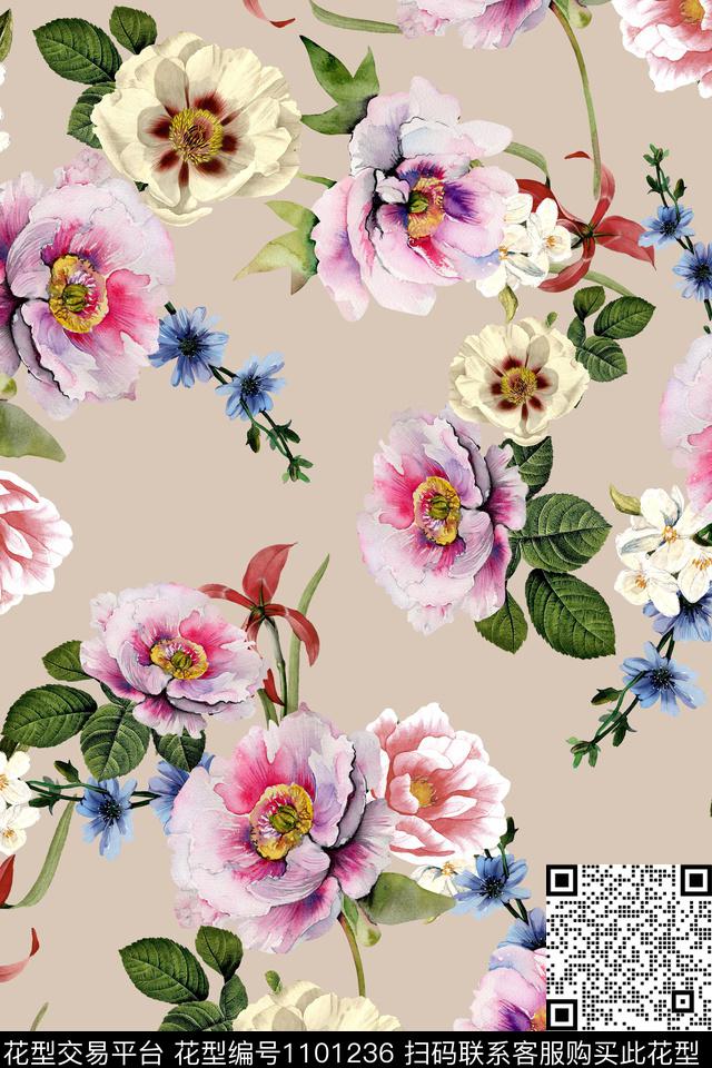 彩底花卉水彩花卉手绘花卉数码印花华亿平台下载（图片编号: 1101236） - 瓦栏（Walan）