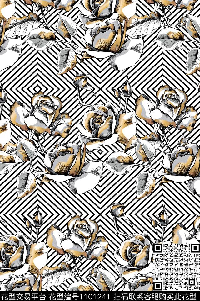 线条鲜花条纹数码印花华亿平台下载（图片编号: 1101241） - 瓦栏（Walan）