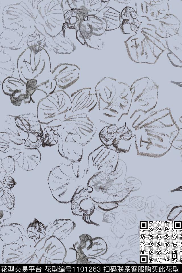 手绘线条笔触签字笔印花线描花卉传统印花华亿平台下载（图片编号: 1101263） - 瓦栏（Walan）