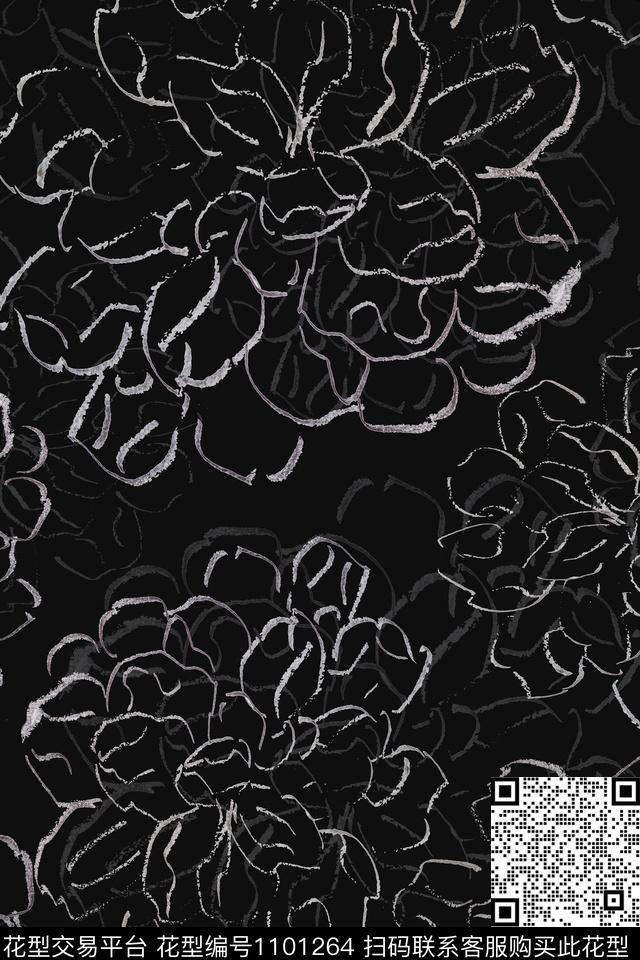 手绘线条笔触签字笔印花牡丹传统印花华亿平台下载（图片编号: 1101264） - 瓦栏（Walan）