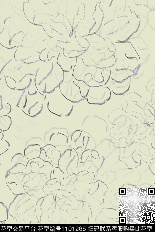 手绘线条笔触签字笔印花牡丹传统印花华亿平台下载（图片编号: 1101265） - 瓦栏（Walan）