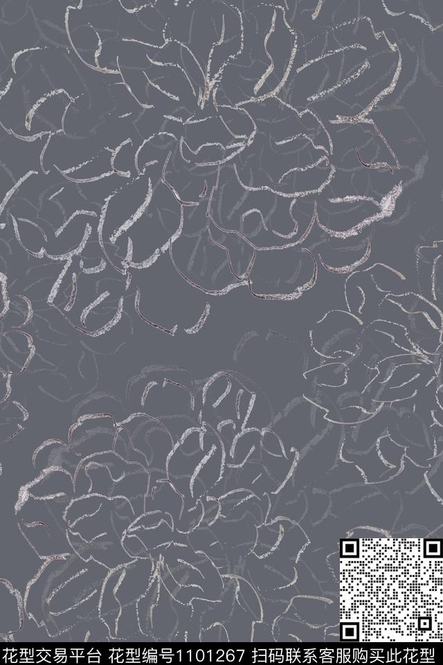 手绘线条笔触签字笔印花牡丹传统印花华亿平台下载（图片编号: 1101267） - 瓦栏（Walan）