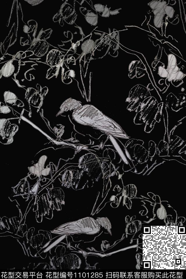 鸟昆虫图案手绘线条笔触签字笔印花传统印花华亿平台下载（图片编号: 1101285） - 瓦栏（Walan）