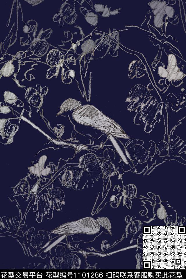 动物纹鸟昆虫图案手绘线条笔触传统印花华亿平台下载（图片编号: 1101286） - 瓦栏（Walan）