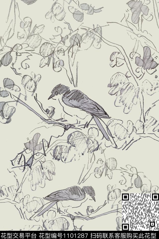 动物纹鸟昆虫图案手绘线条笔触传统印花华亿平台下载（图片编号: 1101287） - 瓦栏（Walan）