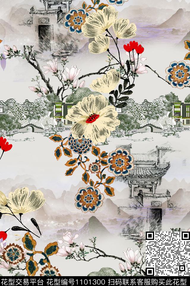 水彩花卉水墨风日式和风数码印花华亿平台下载（图片编号: 1101300） - 瓦栏（Walan）