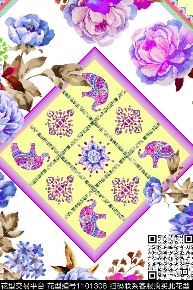 抽象花卉混合拼接围巾数码印花华亿平台下载（图片编号: 1101308） - 瓦栏（Walan）