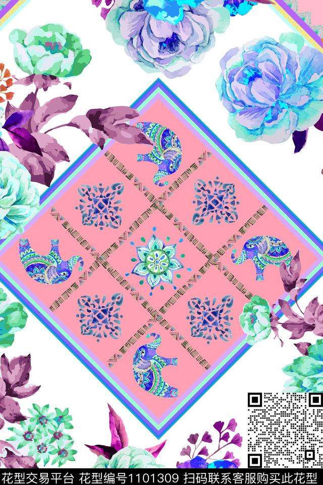 抽象花卉混合拼接围巾数码印花华亿平台下载（图片编号: 1101309） - 瓦栏（Walan）