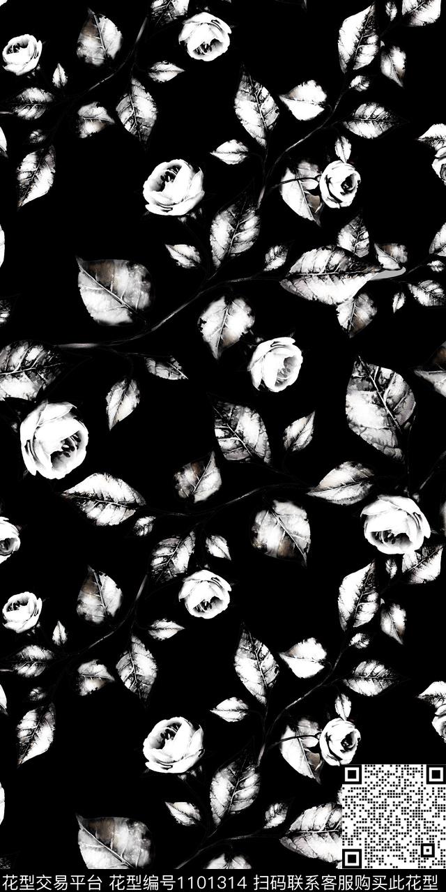 数码华亿平台黑白华亿平台花卉数码印花华亿平台下载（图片编号: 1101314） - 瓦栏（Walan）