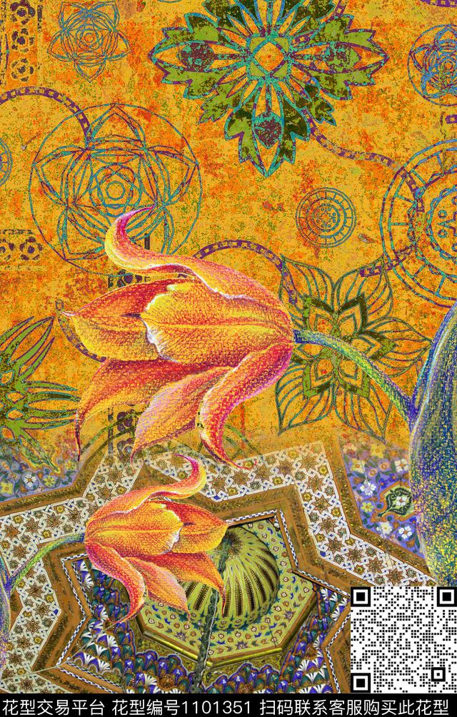 花卉定位花复古数码印花华亿平台下载（图片编号: 1101351） - 瓦栏（Walan）