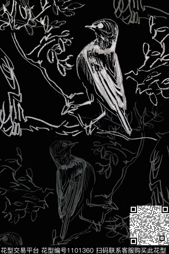 鸟昆虫图案手绘线条笔触签字笔印花传统印花华亿平台下载（图片编号: 1101360） - 瓦栏（Walan）