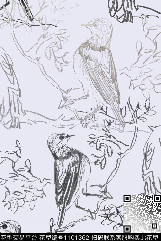 动物纹鸟昆虫图案手绘线条笔触传统印花华亿平台下载（图片编号: 1101362） - 瓦栏（Walan）