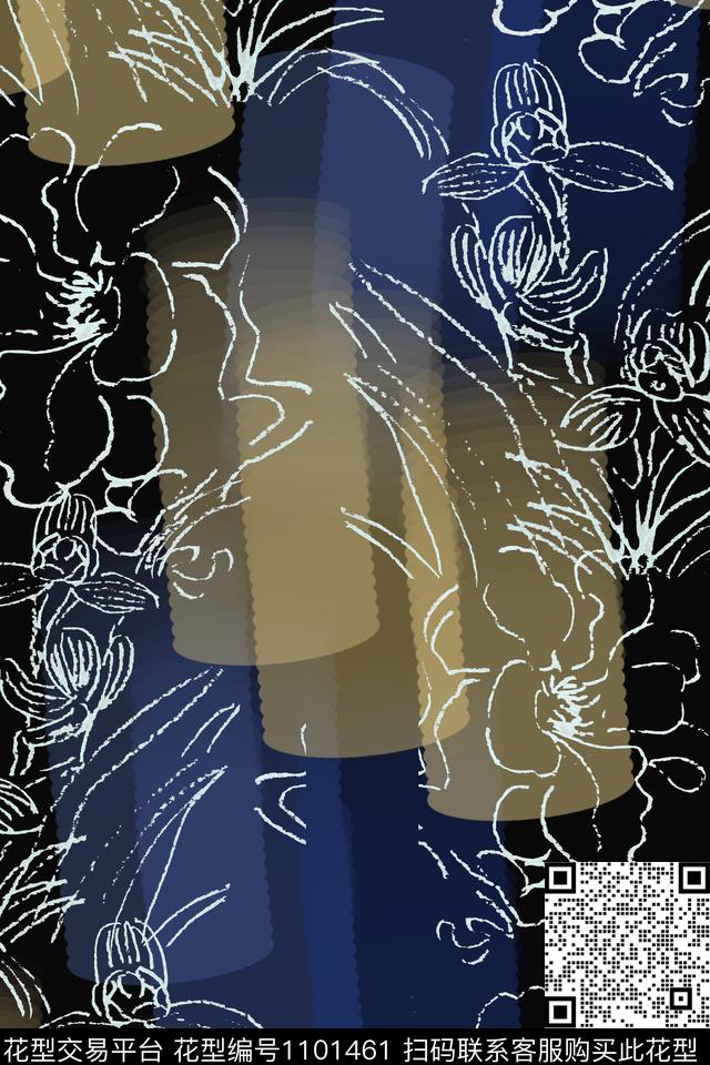 手绘线条笔触签字笔印花玉兰花语数码印花华亿平台下载（图片编号: 1101461） - 瓦栏（Walan）