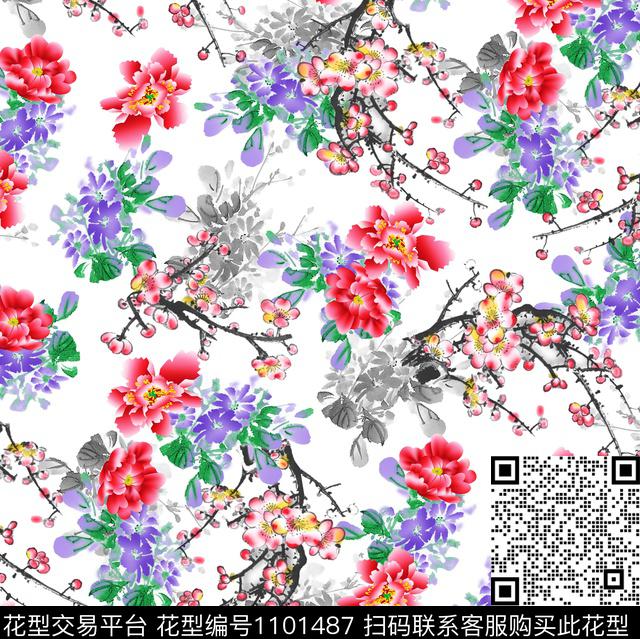 白底花花卉水墨风传统印花华亿平台下载（图片编号: 1101487） - 瓦栏（Walan）