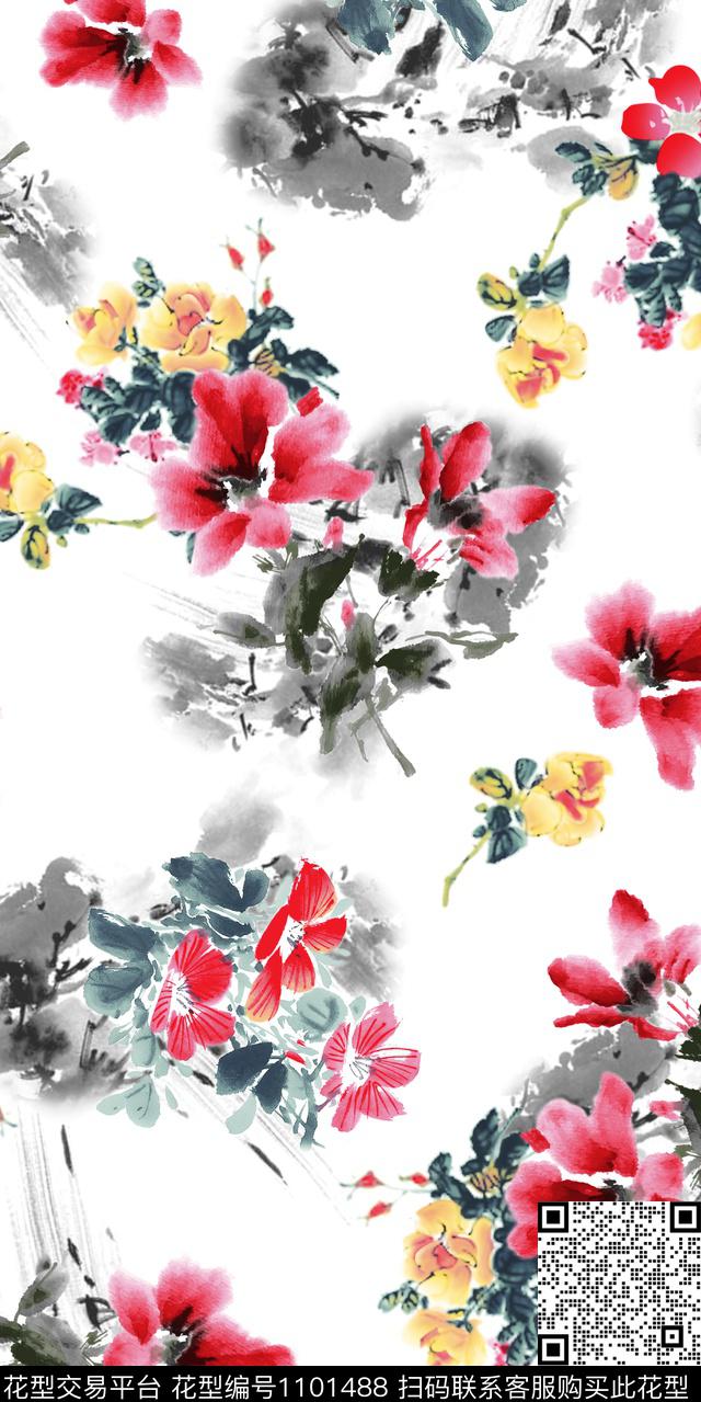 白底花花卉水墨风传统印花华亿平台下载（图片编号: 1101488） - 瓦栏（Walan）