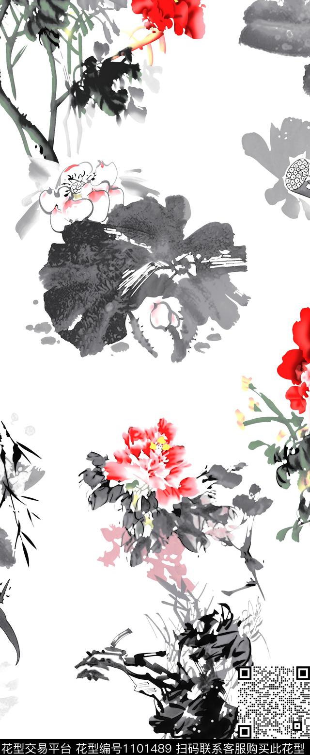 白底花花卉水墨风传统印花华亿平台下载（图片编号: 1101489） - 瓦栏（Walan）