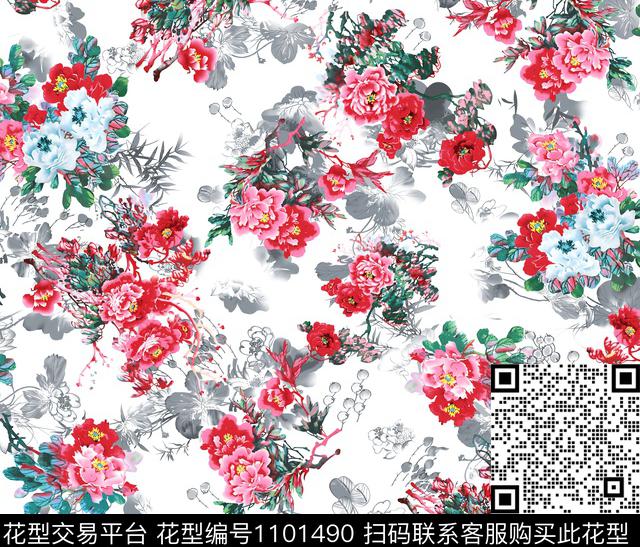 白底花花卉水墨风传统印花华亿平台下载（图片编号: 1101490） - 瓦栏（Walan）