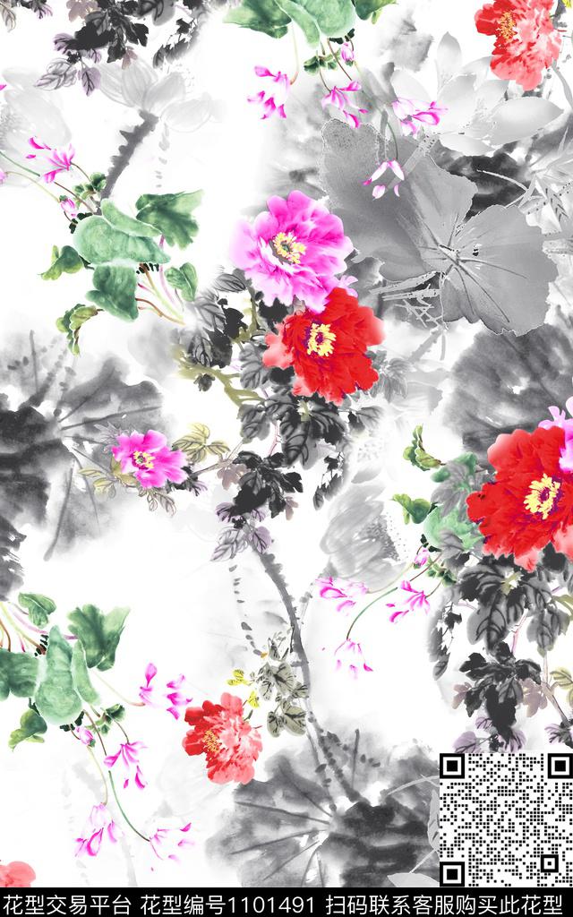 白底花花卉水墨风传统印花华亿平台下载（图片编号: 1101491） - 瓦栏（Walan）