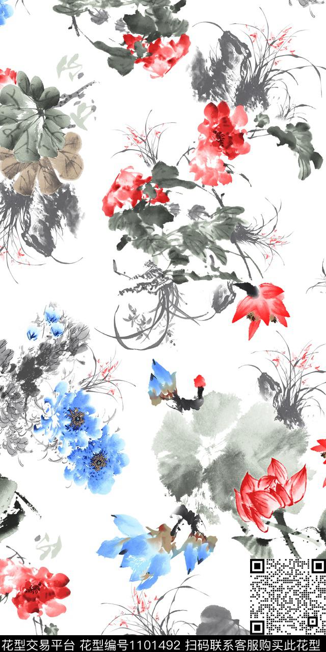 白底花花卉水墨风传统印花华亿平台下载（图片编号: 1101492） - 瓦栏（Walan）
