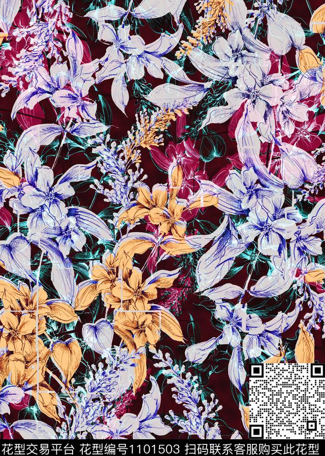 抽象花卉花卉复古数码印花华亿平台下载（图片编号: 1101503） - 瓦栏（Walan）