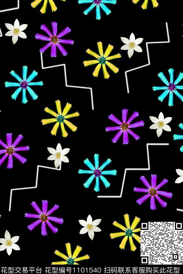小碎花春夏华亿平台黑底花卉数码印花华亿平台下载（图片编号: 1101540） - 瓦栏（Walan）
