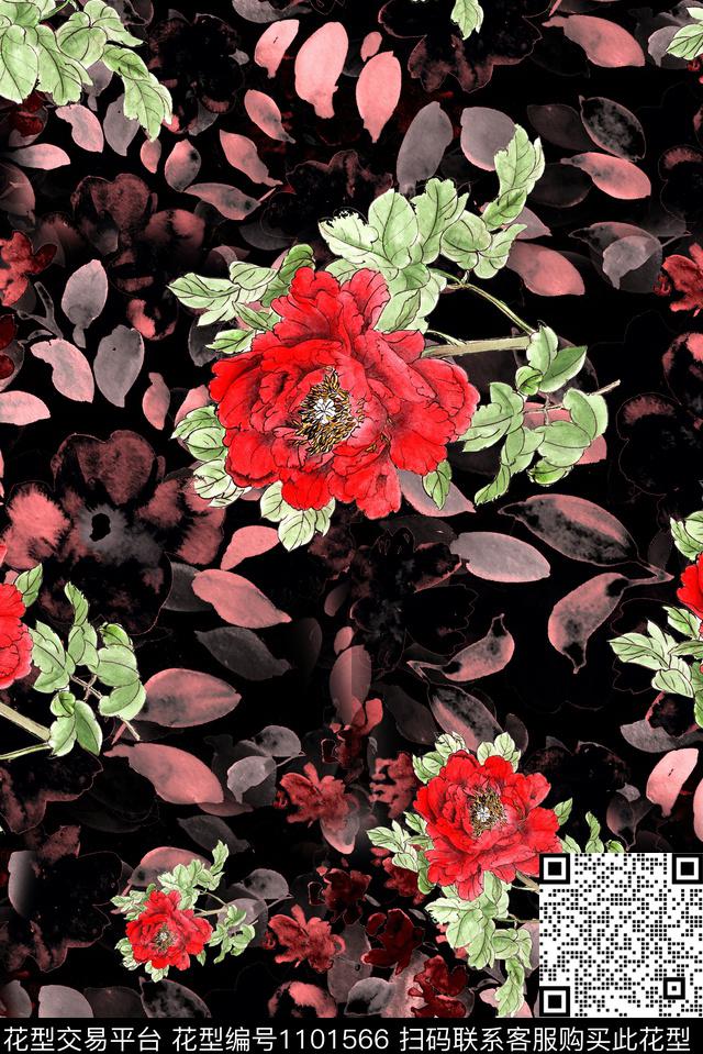 肌理手绘花卉复古数码印花华亿平台下载（图片编号: 1101566） - 瓦栏（Walan）