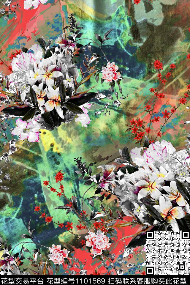 手绘花卉复古油画肌理数码印花华亿平台下载（图片编号: 1101569） - 瓦栏（Walan）